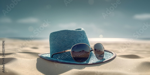 Straw beach sunhat and sun glasses on tha sand. Summer vacancy concept. AI generated