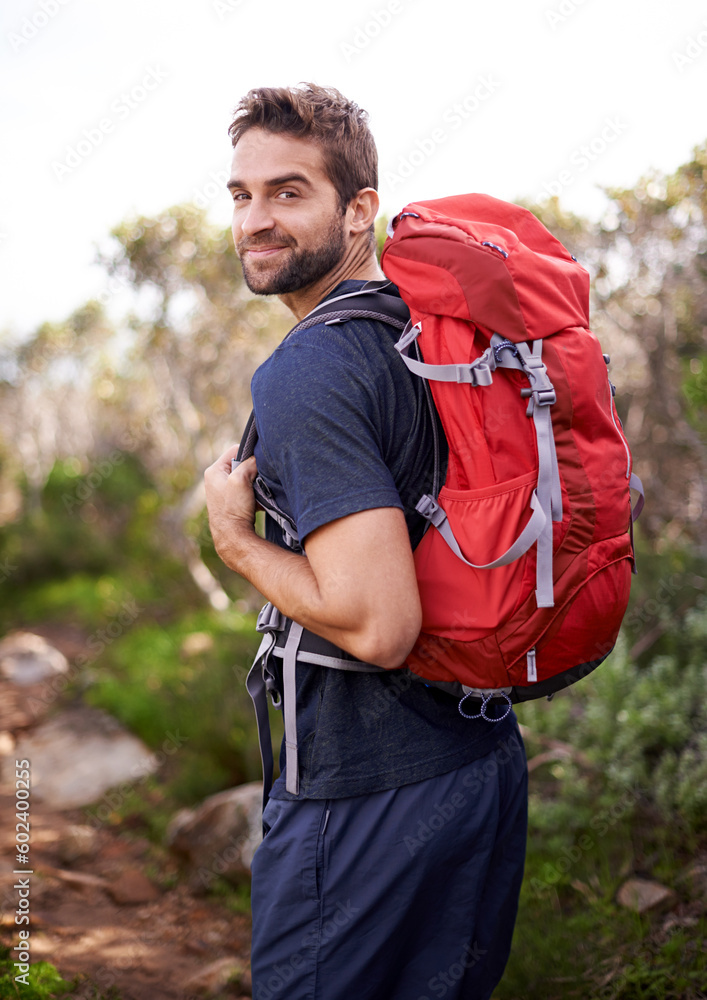 Φωτογραφία Hiking, walking and portrait of man on mountain for fitness, adventure and travel journey