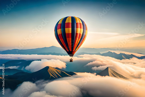 a colorful hot air balloon floating in the sky, symbolizing the freedom and happiness of travel and adventure