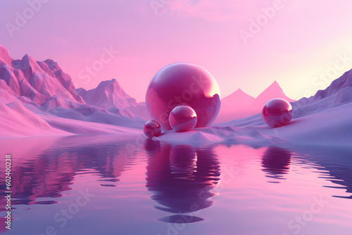 Reflective Futuristic Spheres: Abstract Pink Landscapes Above the Water, Mountains, Moon, pink core, modern, design (made with help of generative ai)