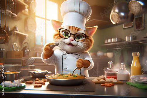 Cat is a chef cooking in kitchen, 3d realism style cartoon character. AI Generative