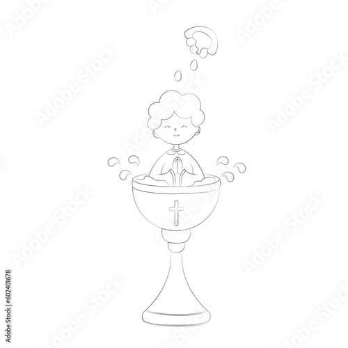 Christening of a Baby in Festive Attire Sitting in a Baptismal Font with Holy Water Pouring from a Shell onto the Head Vector Illustration in Doodle 