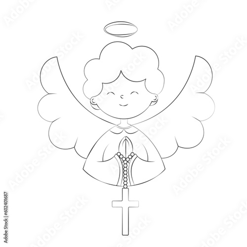 Cute Boy Angel in Festive Attire with Folded Hands on the Chest for Prayer and a Cross Hanging on the Folded Hands Illustration is done in a Doodle Style