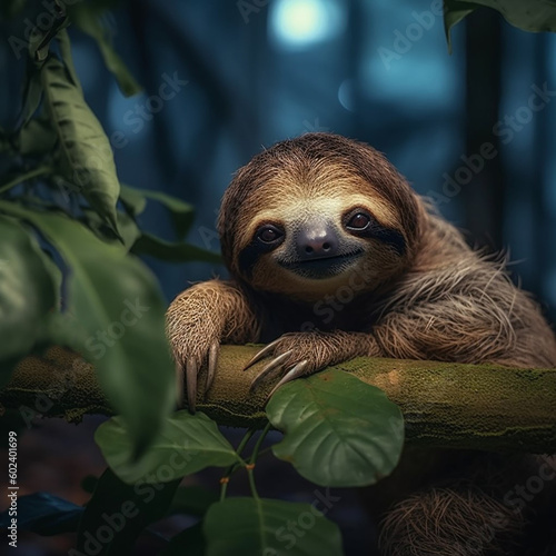 Serenity in the Canopy  A Relaxed Sloth in the Caribbean Wilderness. Illustration  AI generative using Midjourney.