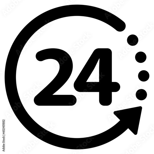 Black single round up to 24 hours customer service icon, simple 24hour helpline assistance flat design pictogram for app ads web banner button ui ux interface elements isolated on white background