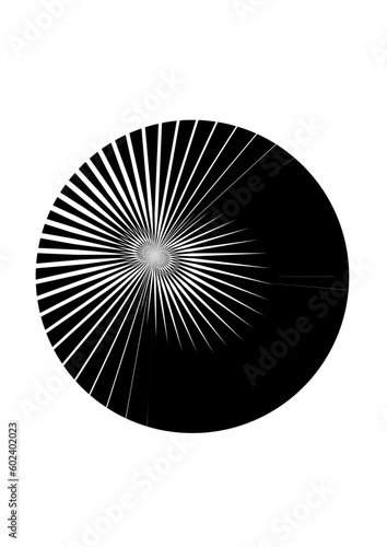 kreisfläche gefüllt mit schwarz-weißen linien und strahlen mit einem asymmetrischen zentrum, modern art © Michael