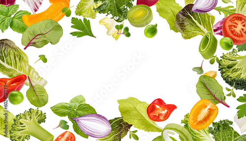 Fototapeta Naklejka Na Ścianę i Meble -  Frame of fresh vegetables, lettuce leaves, healthy ingredients for detox