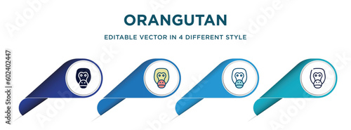 orangutan icon in 4 different styles such as filled, color, glyph, colorful, lineal color. set of   vector for web, mobile, ui