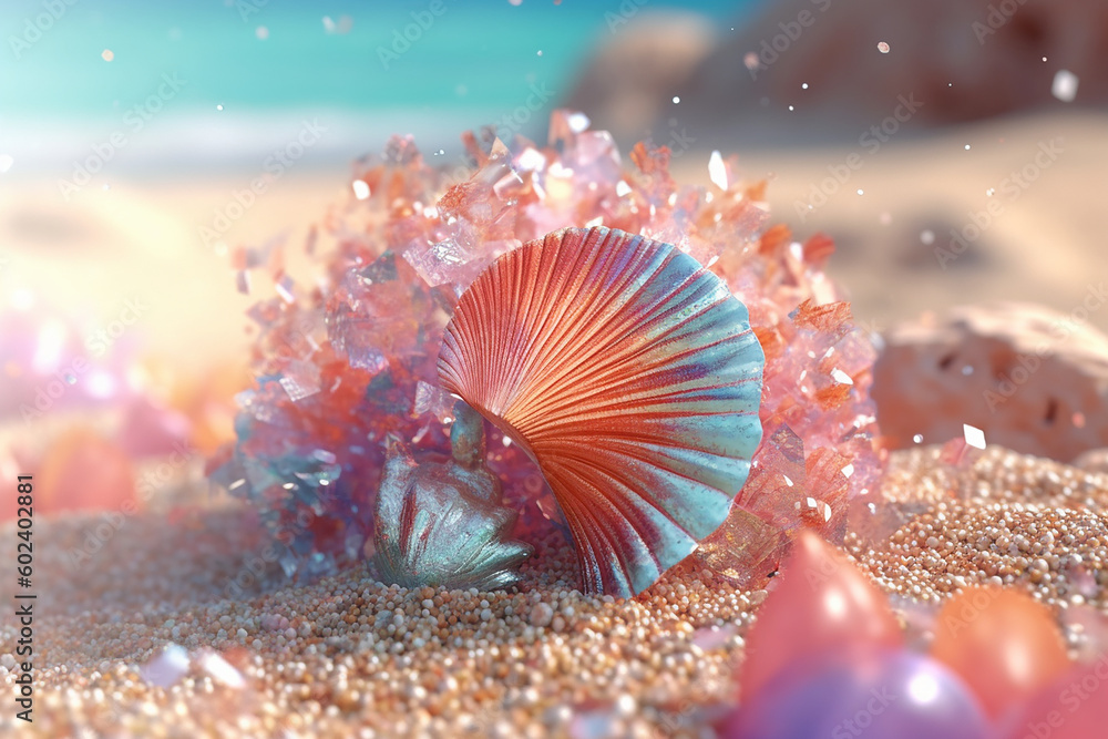 Fototapeta premium Pink coral, beach, shell, seashell, sparkly, sand, sea, colourful, marine, made with generative ai