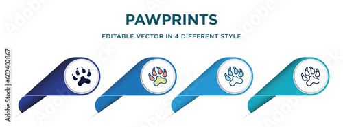 pawprints icon in 4 different styles such as filled, color, glyph, colorful, lineal color. set of vector for web, mobile, ui