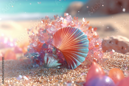 Pink coral, beach, shell, seashell, sparkly, sand, sea, colourful, marine, made with generative ai