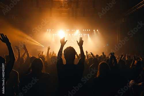 Silhouettes of concert crowd in front of bright stage lights at concert, generative ai