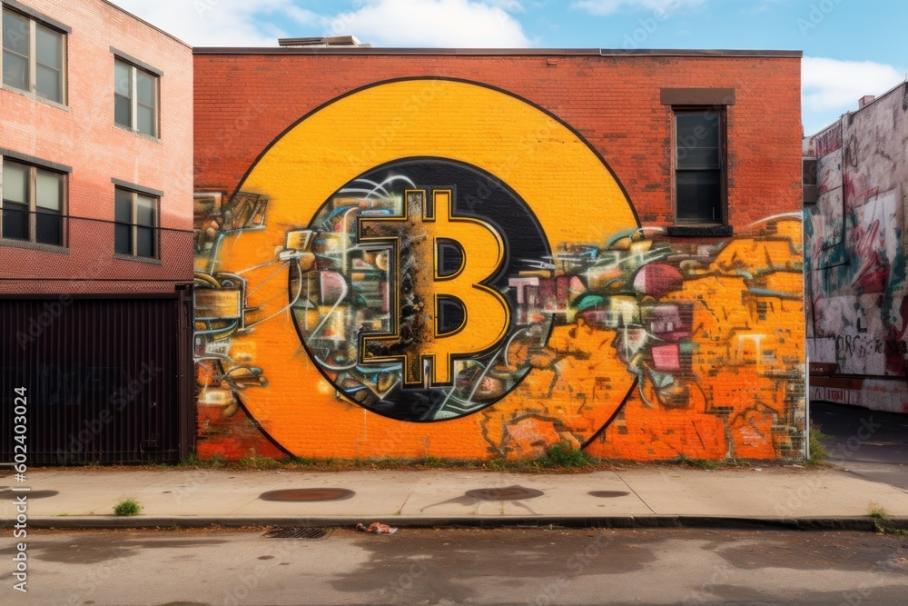 A large-scale mural of the Bitcoin logo, painted on a city wall in the Street Art style A large-scale mural of the Bitcoin logo, painted on a city wall in the Street Art style