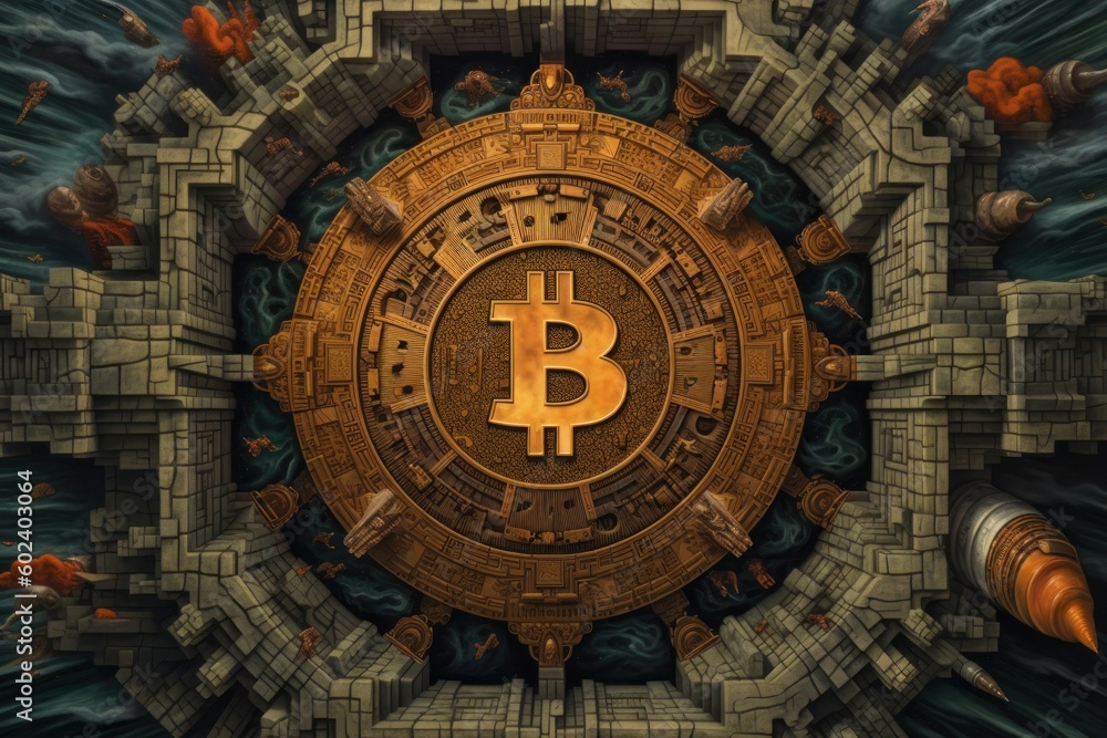A dreamlike and bizarre painting of the Bitcoin logo, rendered in the Surrealist style
