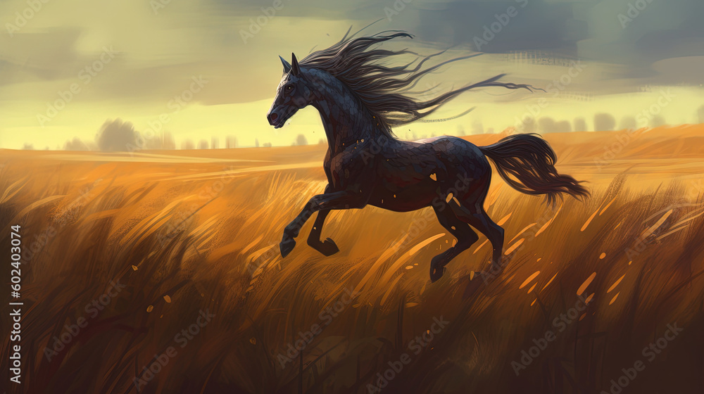 A horse running through a field. Fantasy concept , Illustration painting. Generative AI A horse running through a field. Fantasy concept , Illustration painting. Generative AI