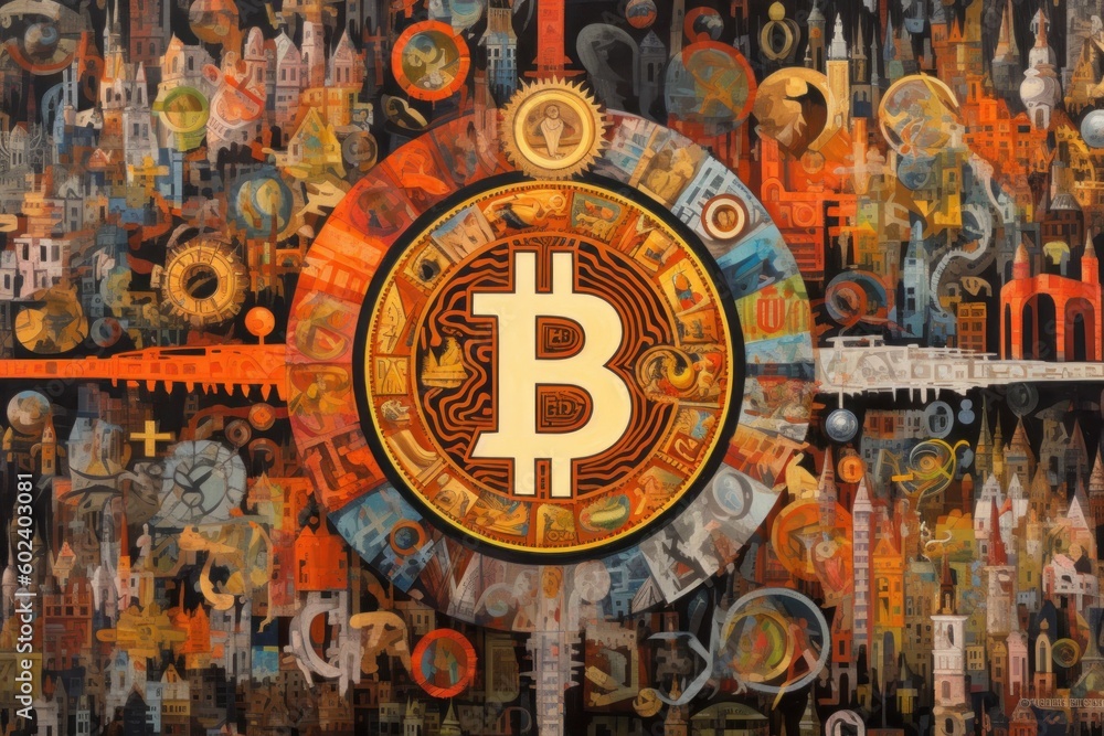 A cryptic painting of the Bitcoin logo, full of symbolic imagery A cryptic painting of the Bitcoin logo, full of symbolic imagery