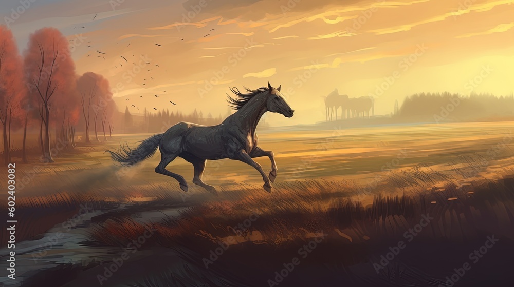 A horse running through a field. Fantasy concept , Illustration painting. Generative AI A horse running through a field. Fantasy concept , Illustration painting. Generative AI