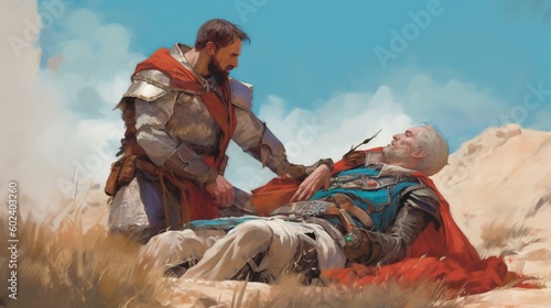 A cleric healing a wounded comrade. Fantasy concept , Illustration painting. Generative AI photo