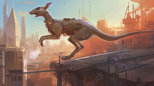 A cybernetic kangaroo jumping across rooftops. Fantasy concept , Illustration painting. Generative AI