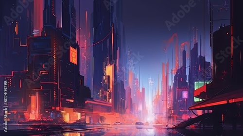 A cyberpunk city with neon lights. Fantasy concept   Illustration painting. Generative AI