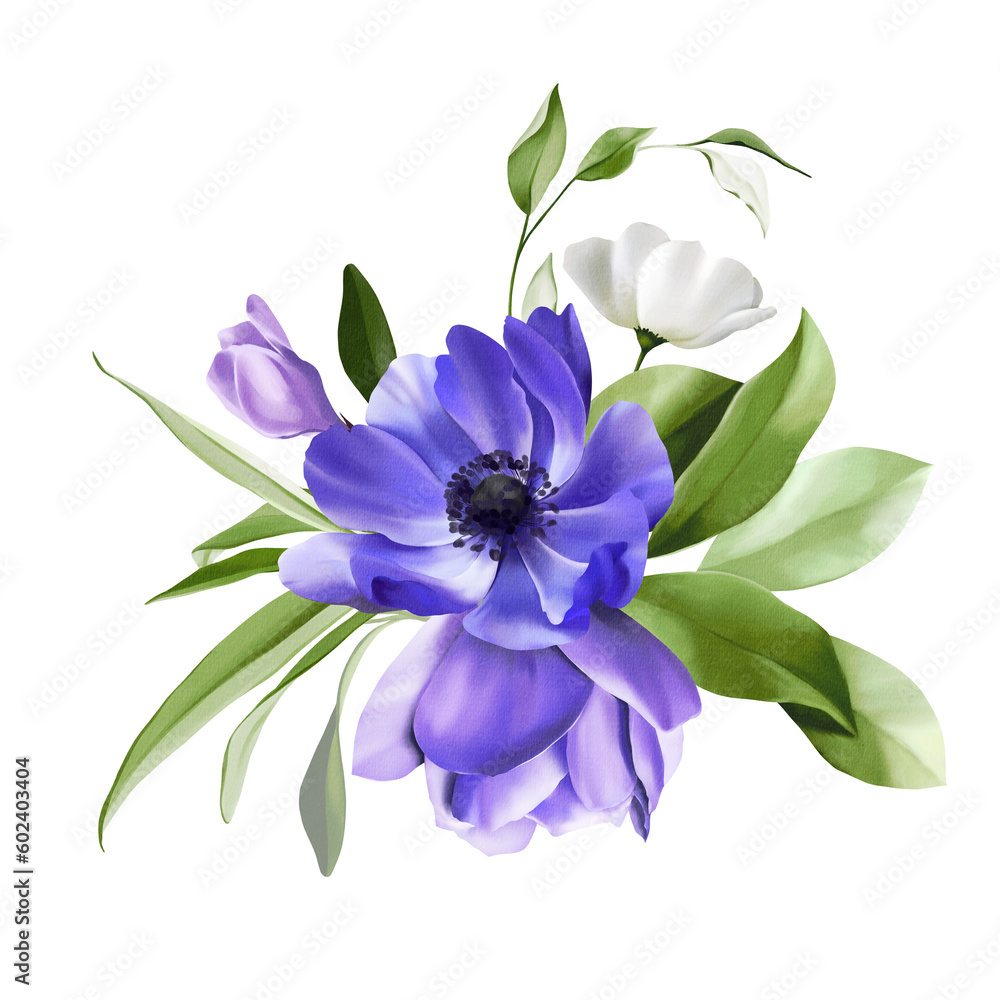 Fototapeta premium Flowers composition isolated on transparent background. Watercolor illustration with magnolia, anemone, wildflower, tropical leaf. Hand painted spring Botanical bouquet for textiles, invitation, wallp