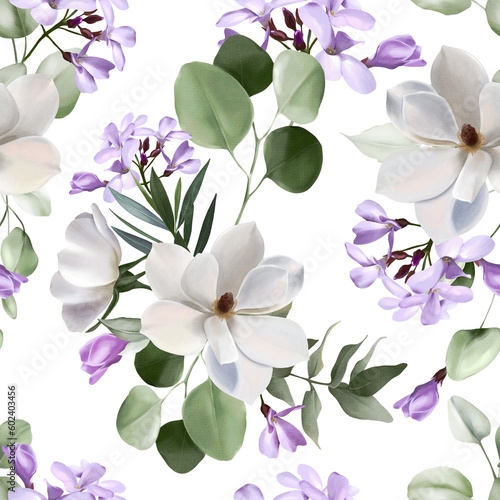 Flowers seamless pattern on transparent background. Watercolor illustration with garden white  lilac flowers  leaves  eucalyptus. Botanic tile. Template design for textiles  interior  invitation  wall