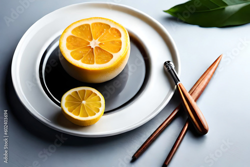 a vibrant yellow lemon slice on a white plate, symbolizing the freshness and tanginess of citrus fruits