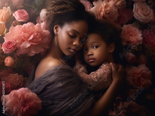 african american woman holds daughter background of the bouquet of pink flowers