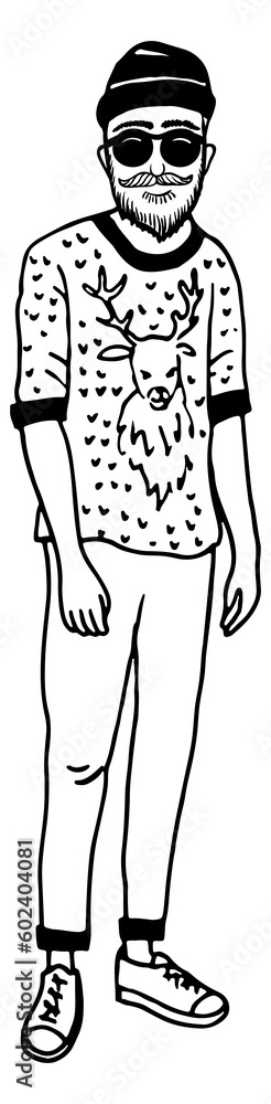 Bearded man in fashion clothes. Hipster outfit sketch Bearded man in fashion clothes. Hipster outfit sketch