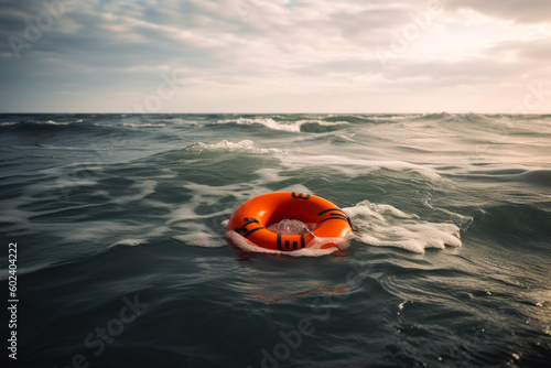 Closeup of a lifebuoy on stormy water, generative ai