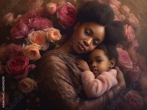 african american woman holds daughter background of the bouquet of pink flowers
