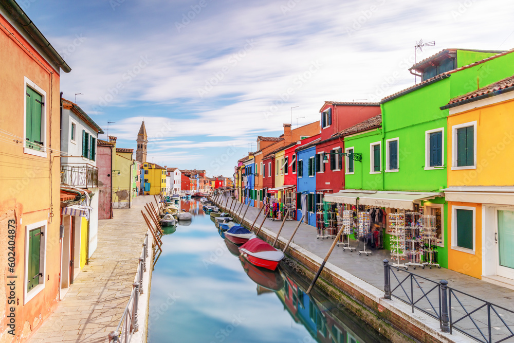 Burano coloured houses and canal on the island near Venice Italy. 