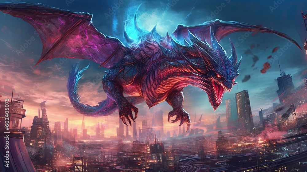 A dragon flying over a futuristic city. Fantasy concept , Illustration painting. Generative AI
