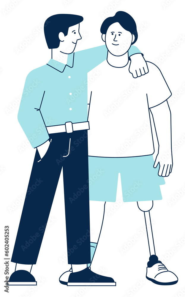 Happy man with prosthetic leg embracing with friend Happy man with prosthetic leg embracing with friend