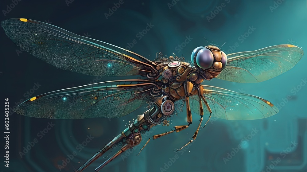 A dragonfly with mechanical wings. Fantasy concept , Illustration painting. Generative AI A dragonfly with mechanical wings. Fantasy concept , Illustration painting. Generative AI