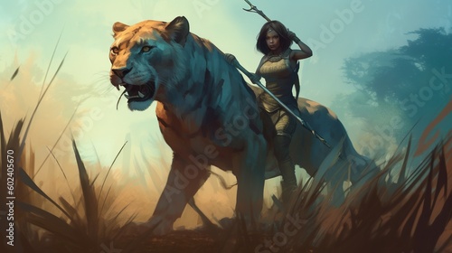 A fierce huntress and her tamed lion hunting prey in the savannah. Fantasy concept , Illustration painting. Generative AI