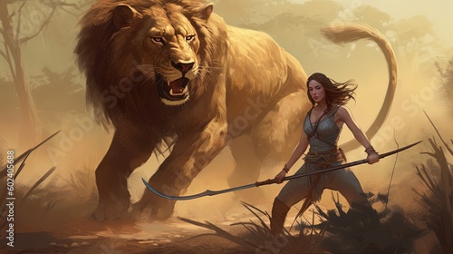 A fierce huntress and her tamed lion hunting prey in the savannah. Fantasy concept   Illustration painting. Generative AI