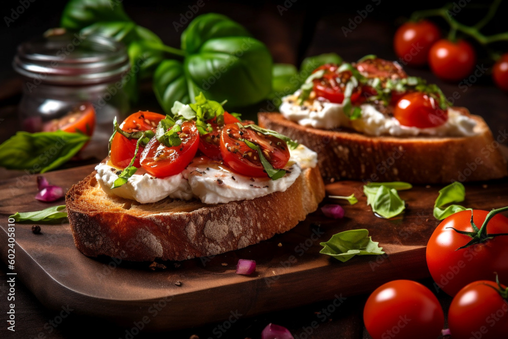 Sandwich with stracciatella bread, cherry tomatoes, anchovies on a wooden board. Close-up. Generative Ai content