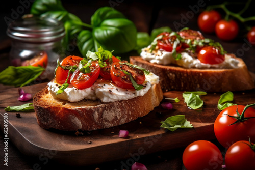 Sandwich with stracciatella bread, cherry tomatoes, anchovies on a wooden board. Close-up. Generative Ai content