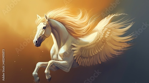 A flying horse with a golden mane. Fantasy concept , Illustration painting. Generative AI photo