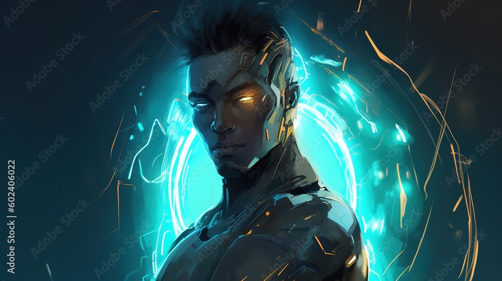 A cyborg with an energy shield. Fantasy concept , Illustration painting. Generative AI A cyborg with an energy shield. Fantasy concept , Illustration painting. Generative AI