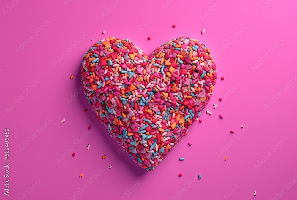 sprinkles for christmas heart shaped on a pink background, generative ai