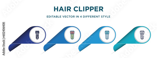 hair clipper icon in 4 different styles such as filled, color, glyph, colorful, lineal color. set of   vector for web, mobile, ui