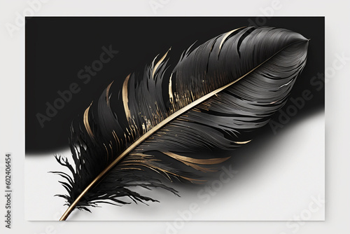 Black gold golden feather print illustration. Ai generated photo