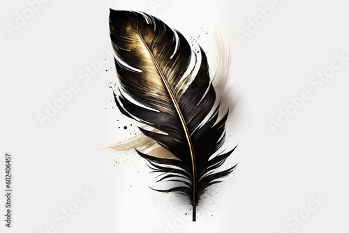 Black gold golden feather print illustration. Ai generated