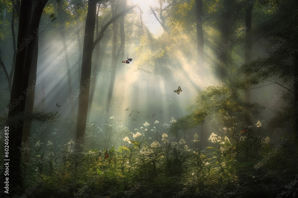 Soft sunrays through thick forest or jungle with butterflies. Ai generated