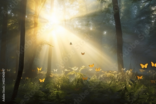 Soft sunrays through thick forest or jungle with butterflies. Ai generated