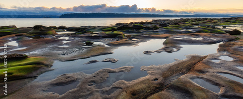 Rocky Shore on the Ocean Coast. Canadian Nature Background. Hornby Island, British Columbia, Canada. Sunset Sky © edb3_16