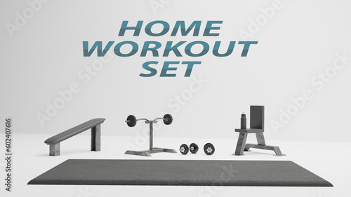 Home workout vector illustration. composition with black mattress, dumbbells sitting bench and water bottle. Fitness and training at home. Healthy lifestyle. Realistic 3d style