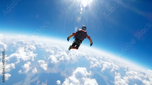 Skydiving. Little boy in free fall. Extreme sport. Generative AI. © roy9